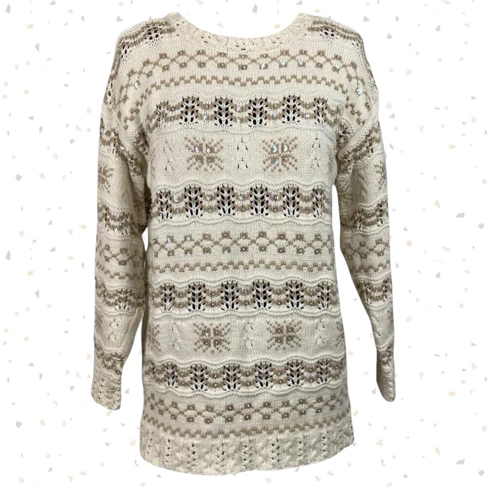 Vintage Lizsport Chunky Knit Cozy Sweater Winter Fair Isle Style Stripe Sequin S